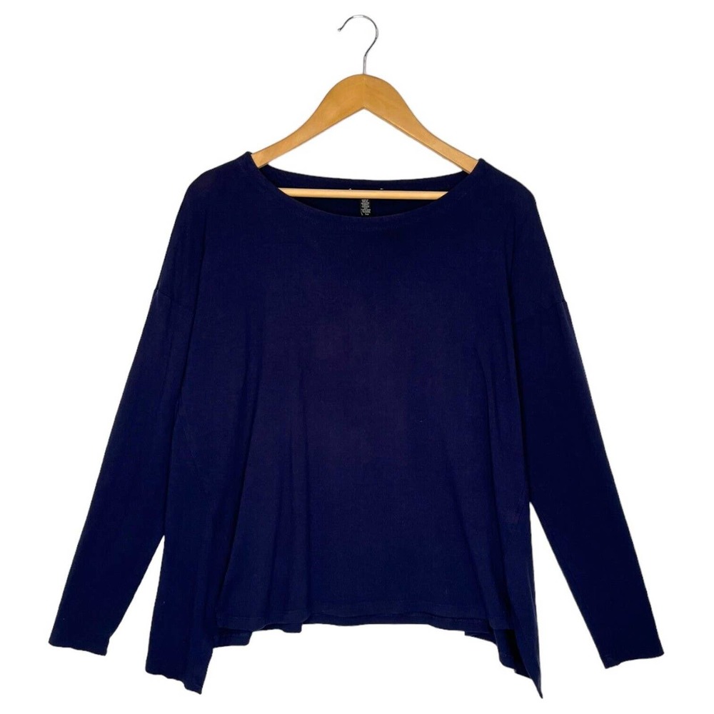 Eileen Fisher Top Womens S Long Sleeve Split Sides Round Neck Floaty Fit Blue